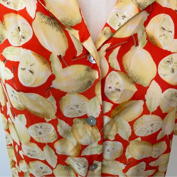 VTG Silk  Lemon Fruit Print Top Womens Sz M Orange Novelty Casual Blouse - Picture 5 of 6